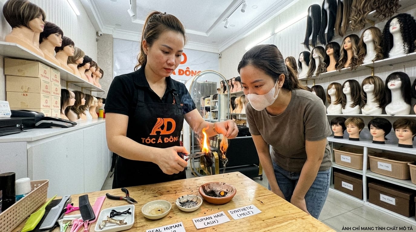 Chuyên viên Tóc Á Đông hướng dẫn khách hàng Biên Hòa cách phân biệt tóc thật 100%