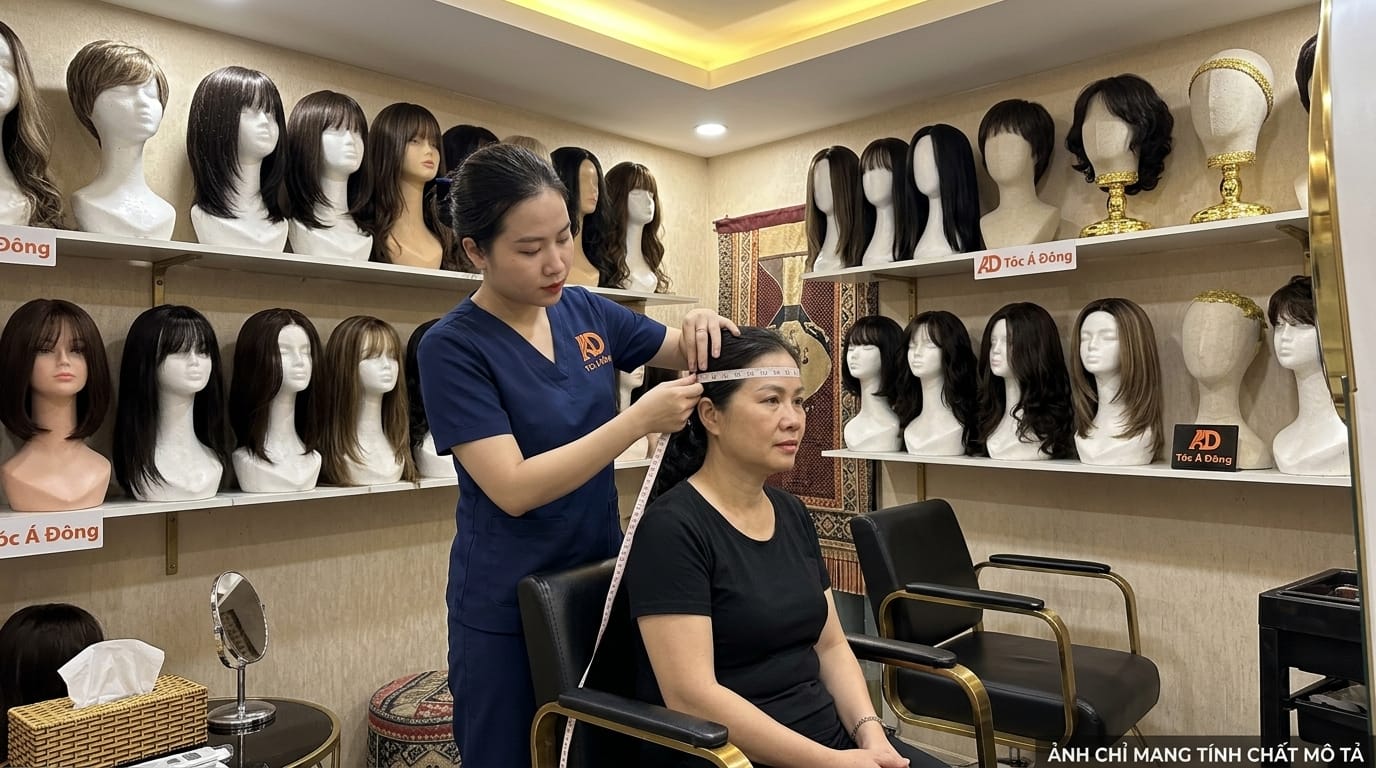 Chuyên viên Tóc Á Đông trực tiếp dùng thước dây đo chu vi vòng đầu cho khách hàng tại phòng tư vấn riêng