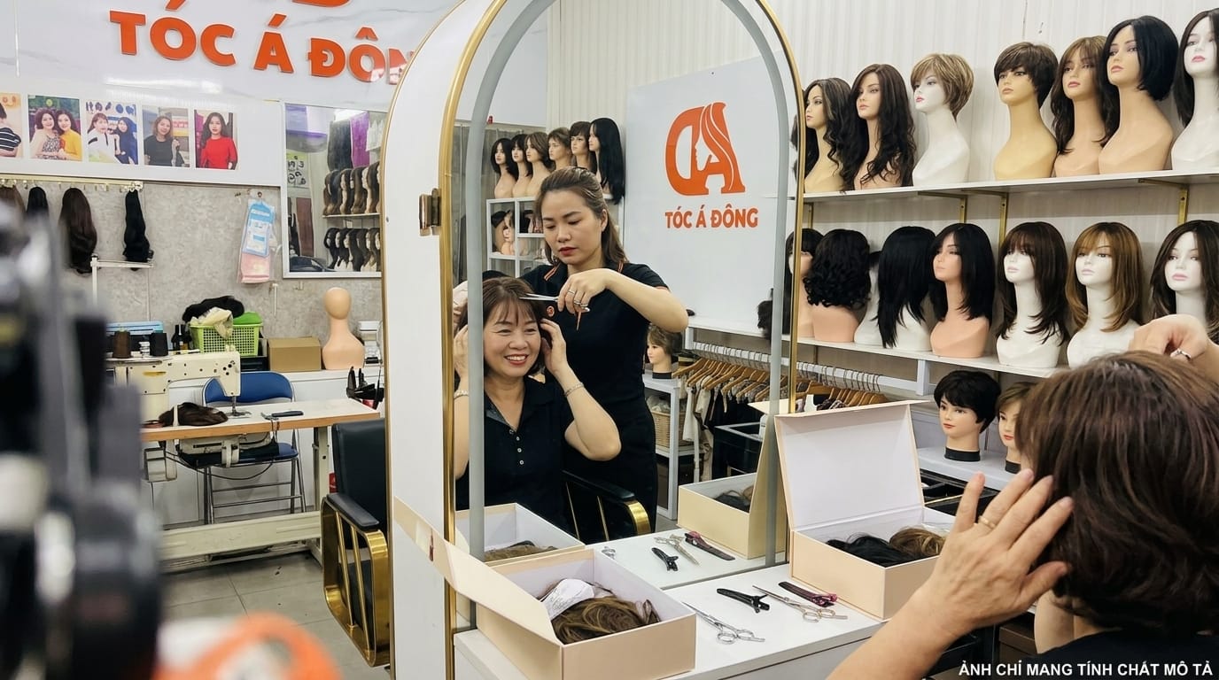 Khách hàng ngắm nhìn diện mạo mới trước gương lớn tại salon Tóc Á Đông khi được thợ cắt tỉa nhẹ tóc mái tự nhiên