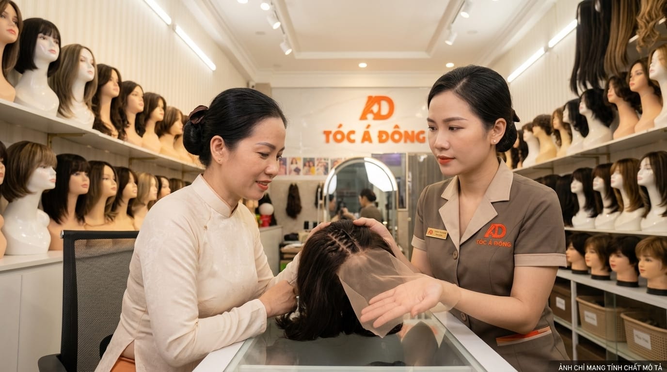 Chuyên viên Tóc Á Đông tận tâm tư vấn kết cấu màng ren thoáng khí Swiss Lace cho khách hàng Tây Ninh