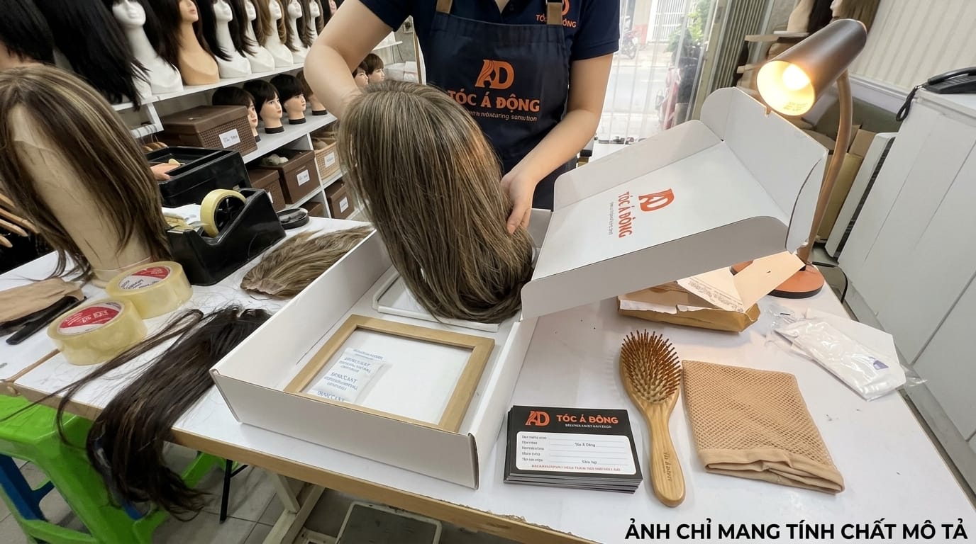 Chuyên viên Tóc Á Đông cẩn thận đóng gói bộ tóc giả vào hộp định hình chuyên dụng kèm phiếu bảo hành chính hãng và quà tặng lược chải