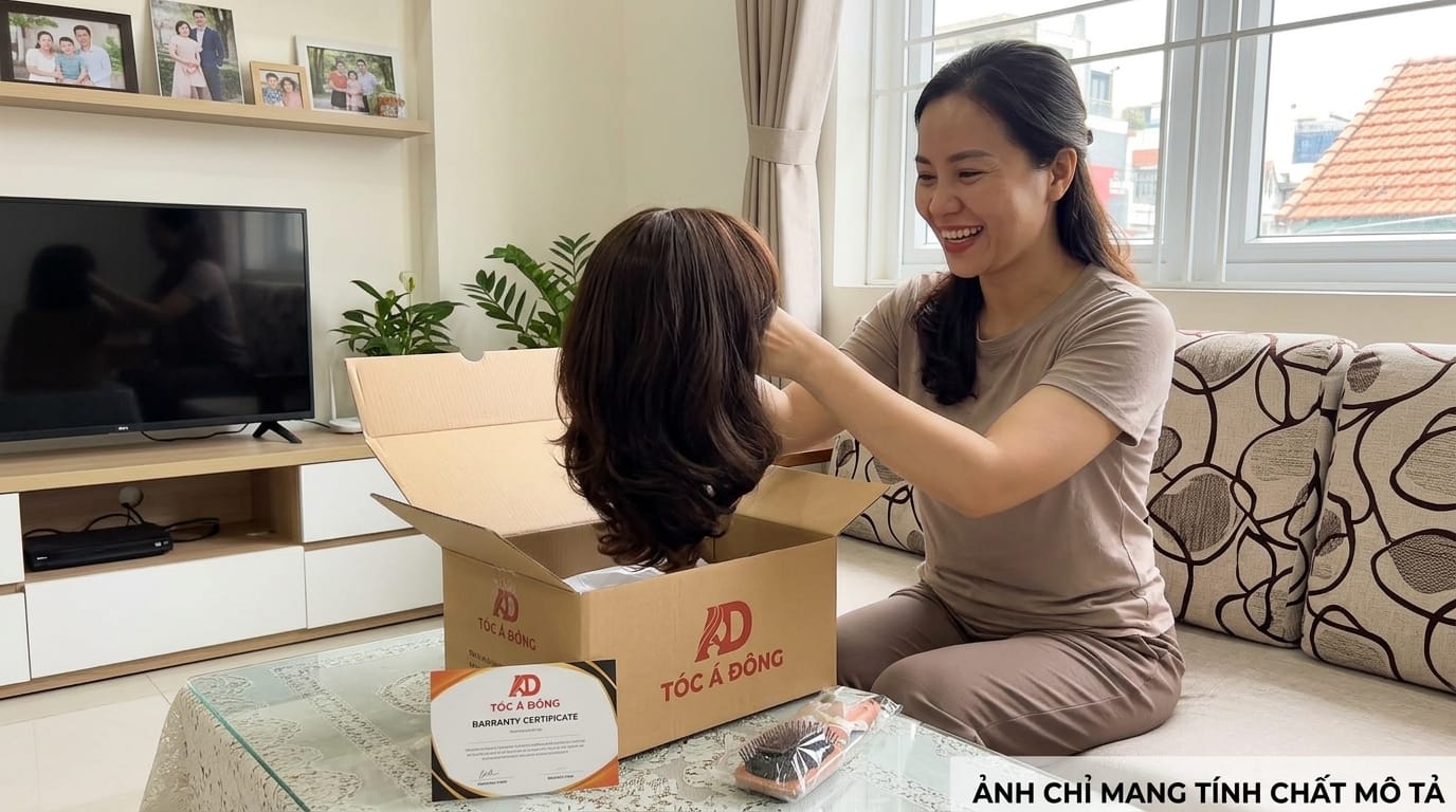 Khách hàng tại Bà Rịa - Vũng Tàu hào hứng mở hộp kiểm tra bộ tóc giả bằng tóc thật 100% giữ nguyên nếp sóng bồng bềnh ngay tại nhà
