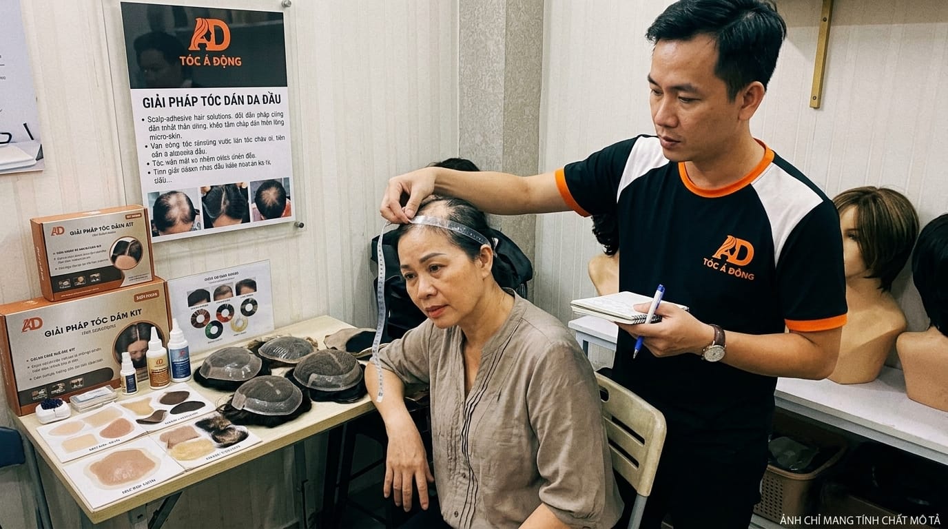 Chuyên viên Tóc Á Đông đo đạc và tư vấn màng da đầu vi điểm theo từng mảng rụng