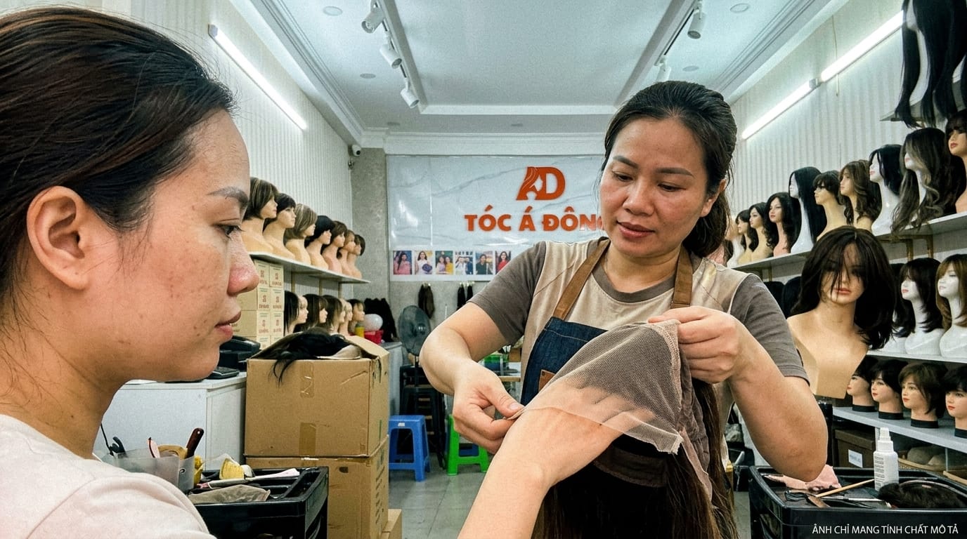 Chuyên viên Tóc Á Đông hướng dẫn khách hàng cảm nhận độ mềm mượt của màng lưới y tế không đường may