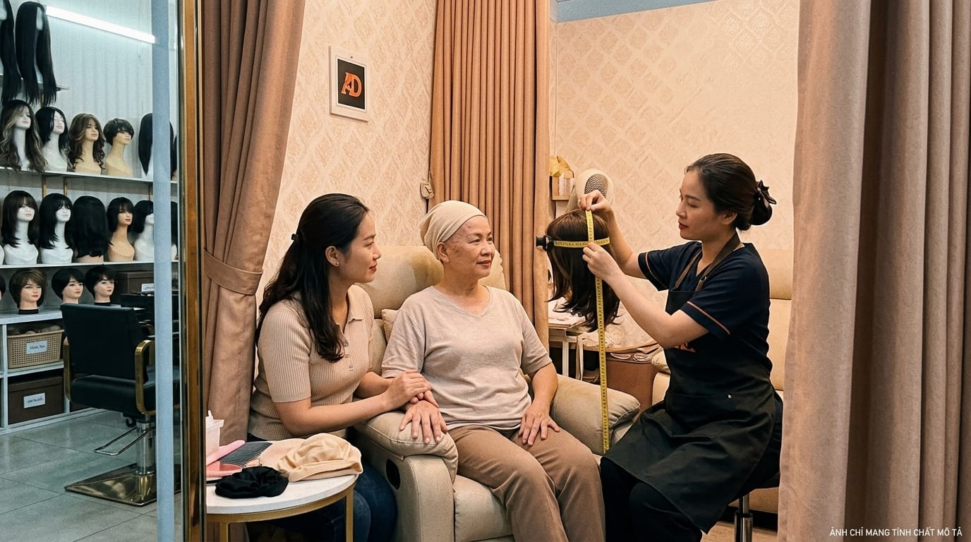 Chuyên viên Tóc Á Đông tận tâm tư vấn và đo đạc phom dáng trong phòng riêng tư