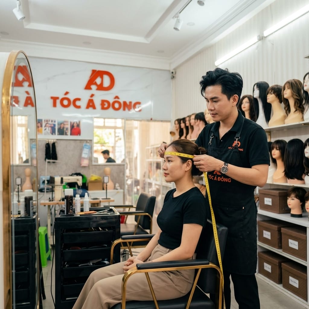 Chuyên viên Tóc Á Đông đo khuôn đầu chuẩn xác cho khách hàng
