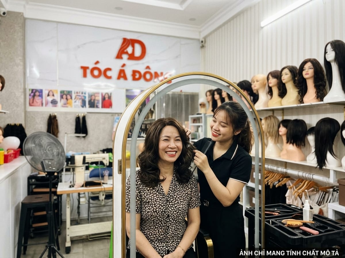 Khoảnh khắc hạnh phúc rạng ngời của khách hàng cùng chuyên gia tư vấn tại showroom Tóc Á Đông sau khi hoàn thiện form tóc chuẩn tỉ lệ gương mặt