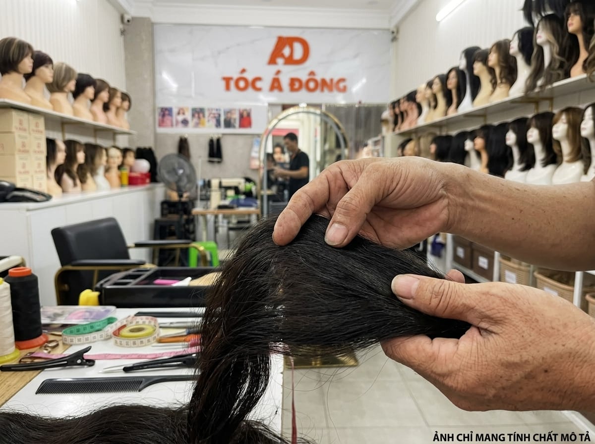 Nghệ nhân Tóc Á Đông tỉ mỉ kiểm định từng lọn tóc nguyên bản (Raw Hair), kiểm chứng cấu trúc biểu bì Cuticle cùng chiều nguyên vẹn