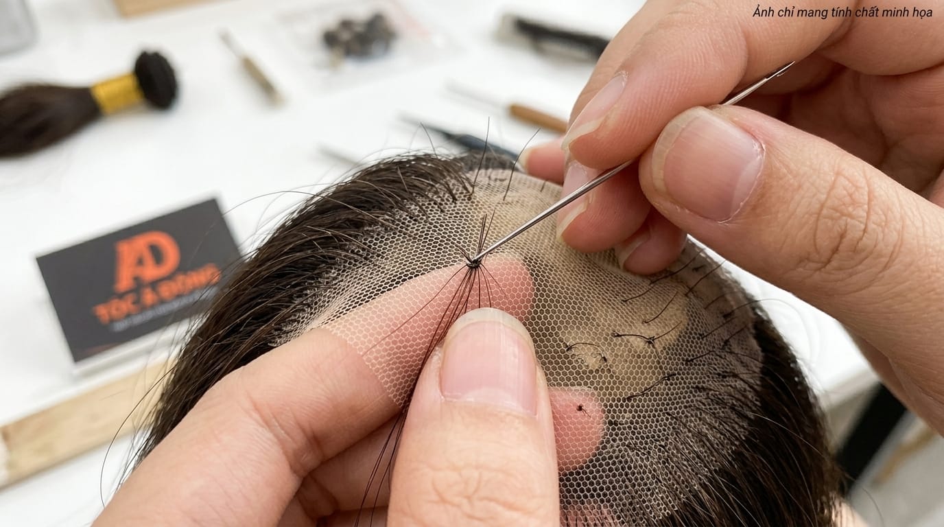 Nghệ nhân Tóc Á Đông tỉ mỉ móc thủ công từng sợi tóc đơn vi điểm Single Knotting trên màng siêu da đầu sinh học