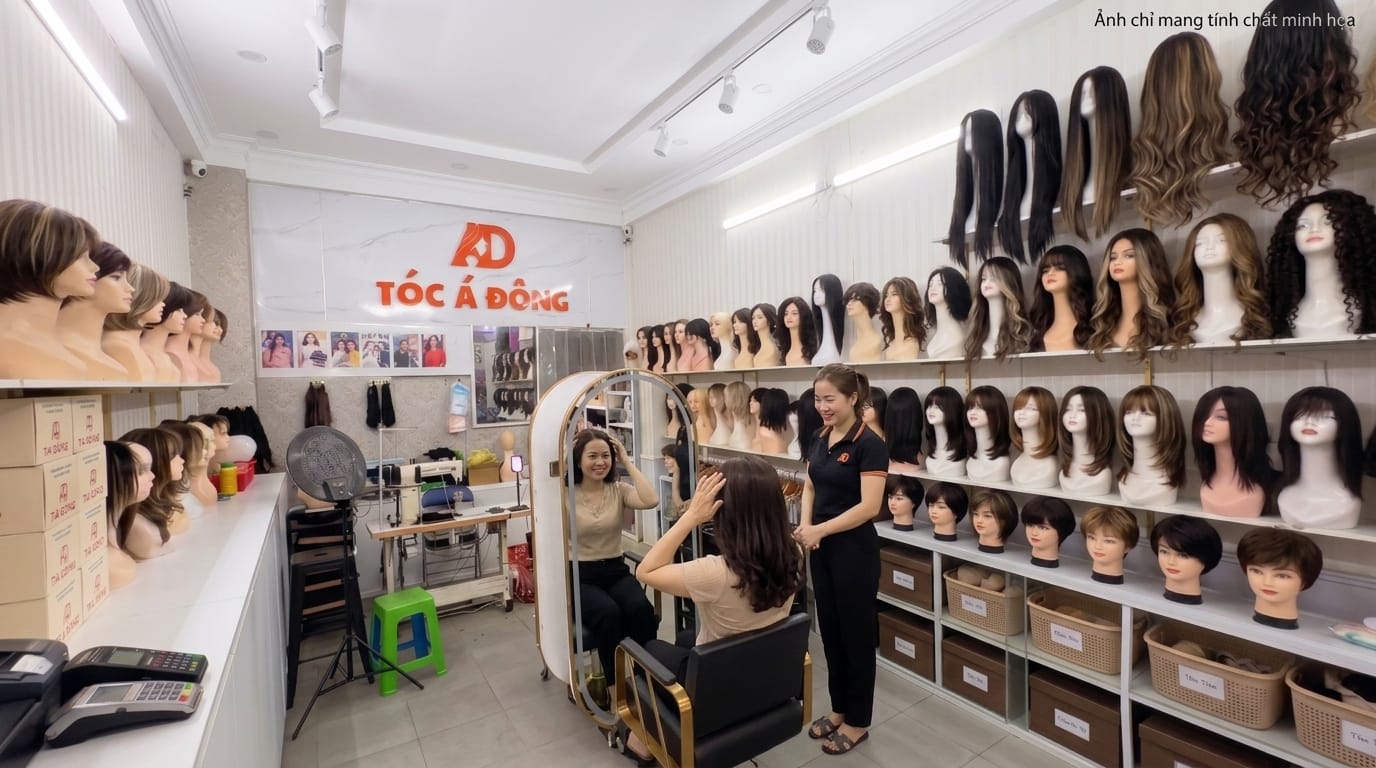 Khách hàng trải nghiệm diện mạo mới vừa vặn ôm khít khuôn đầu trước gương tại showroom Tóc Á Đông