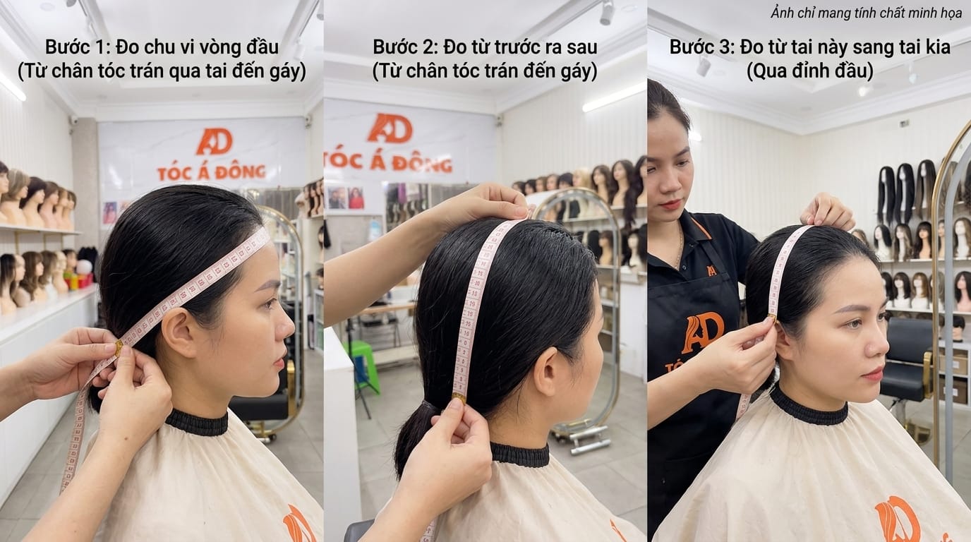 Cận cảnh 3 vị trí đặt thước dây cốt tử đo chu vi, chiều dài trán-gáy và chiều rộng vòm sọ khi mua tóc giả online