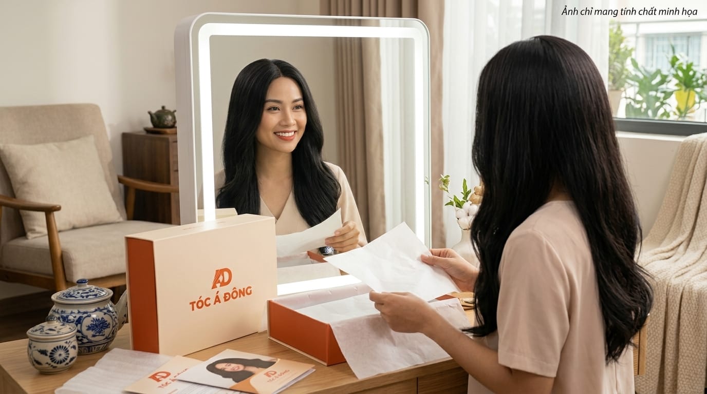 Khách hàng an tâm mở hộp đóng gói sang trọng Tóc Á Đông, kiểm tra sợi tóc thật 100% và đội thử vừa in ngay tại nhà