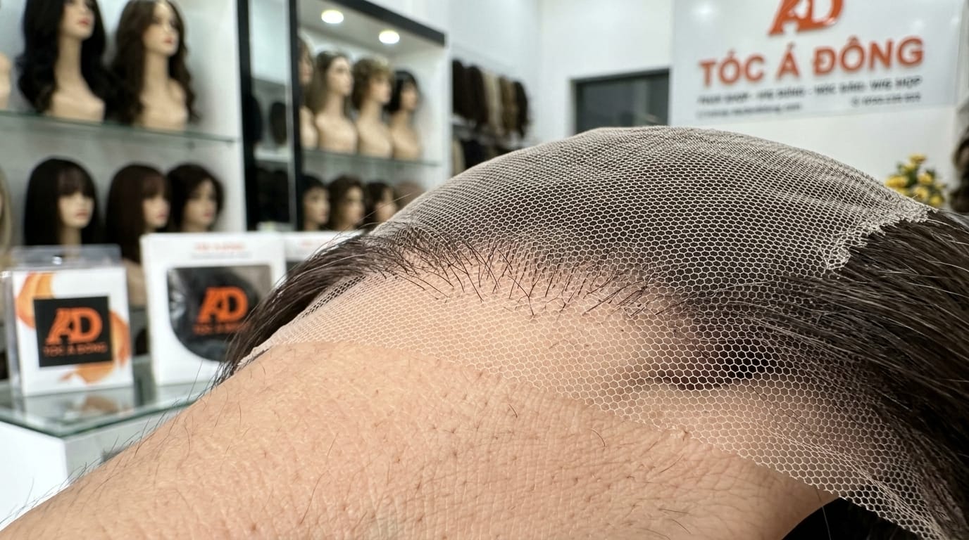 Chuyên gia Tóc Á Đông cận cảnh màng ren Swiss Lace mỏng tàng hình tiệp màu da tay, mô phỏng viền chân tóc siêu thực