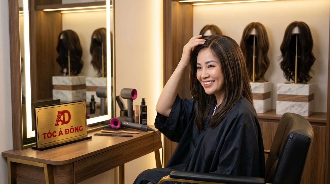 Khách hàng trải nghiệm so sánh trực tiếp màng lưới Monofilament và Silk Top trong phòng thử riêng tư Tóc Á Đông