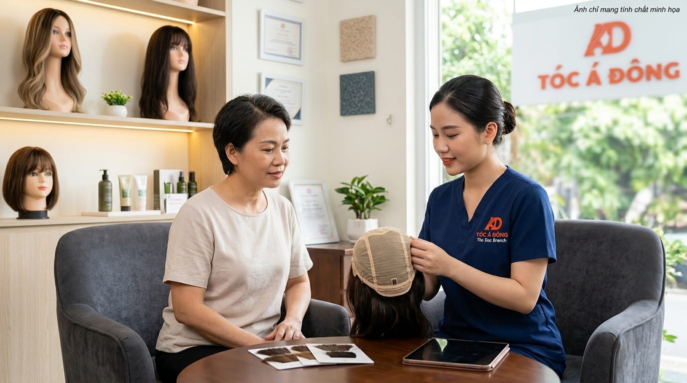 Chuyên viên Tóc Á Đông ân cần kiểm tra da đầu và tư vấn màng lưới êm ái cho khách hàng nữ da đầu nhạy cảm