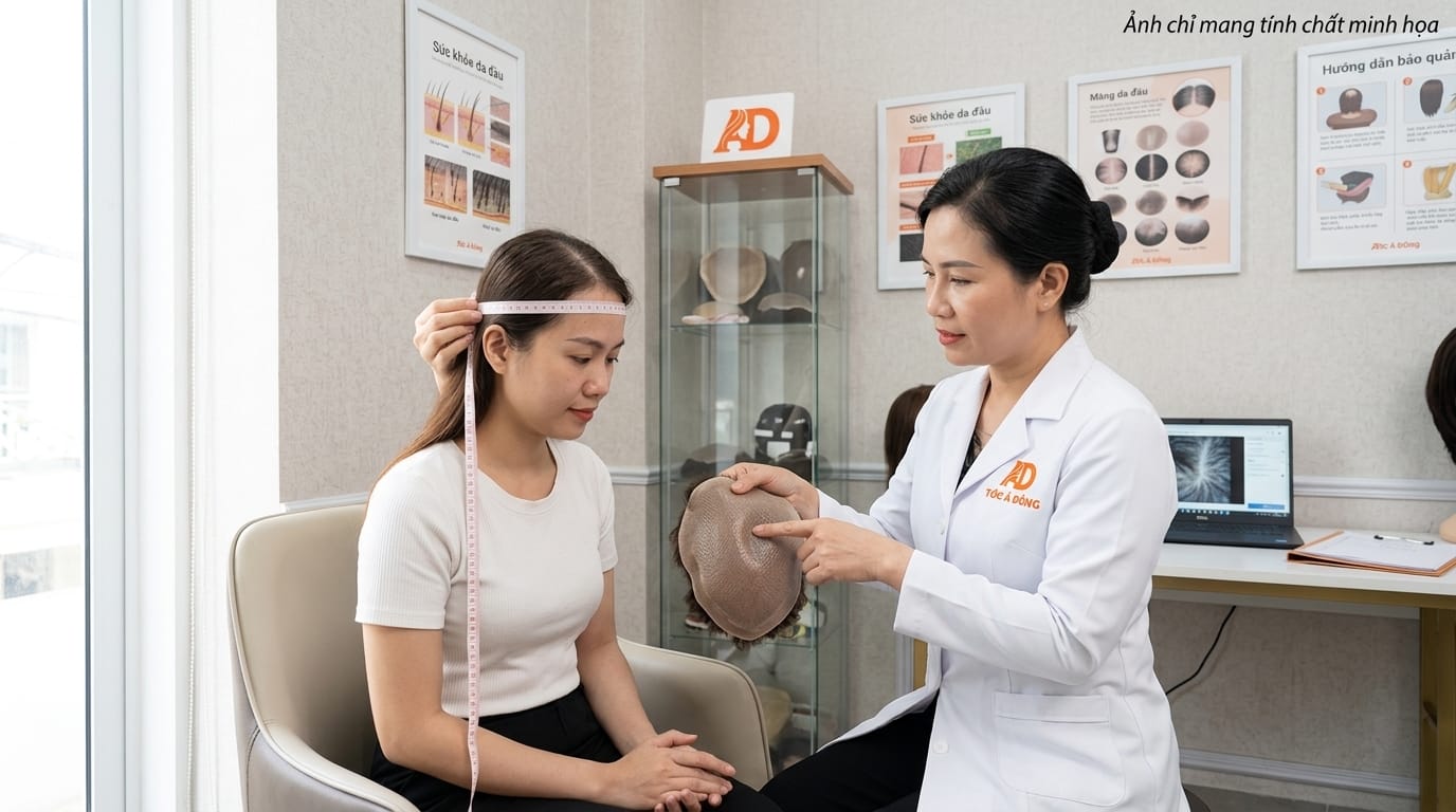 Chuyên gia da đầu tại Tóc Á Đông tiến hành đo vòng đầu và phân tích tình trạng nang tóc cho khách hàng