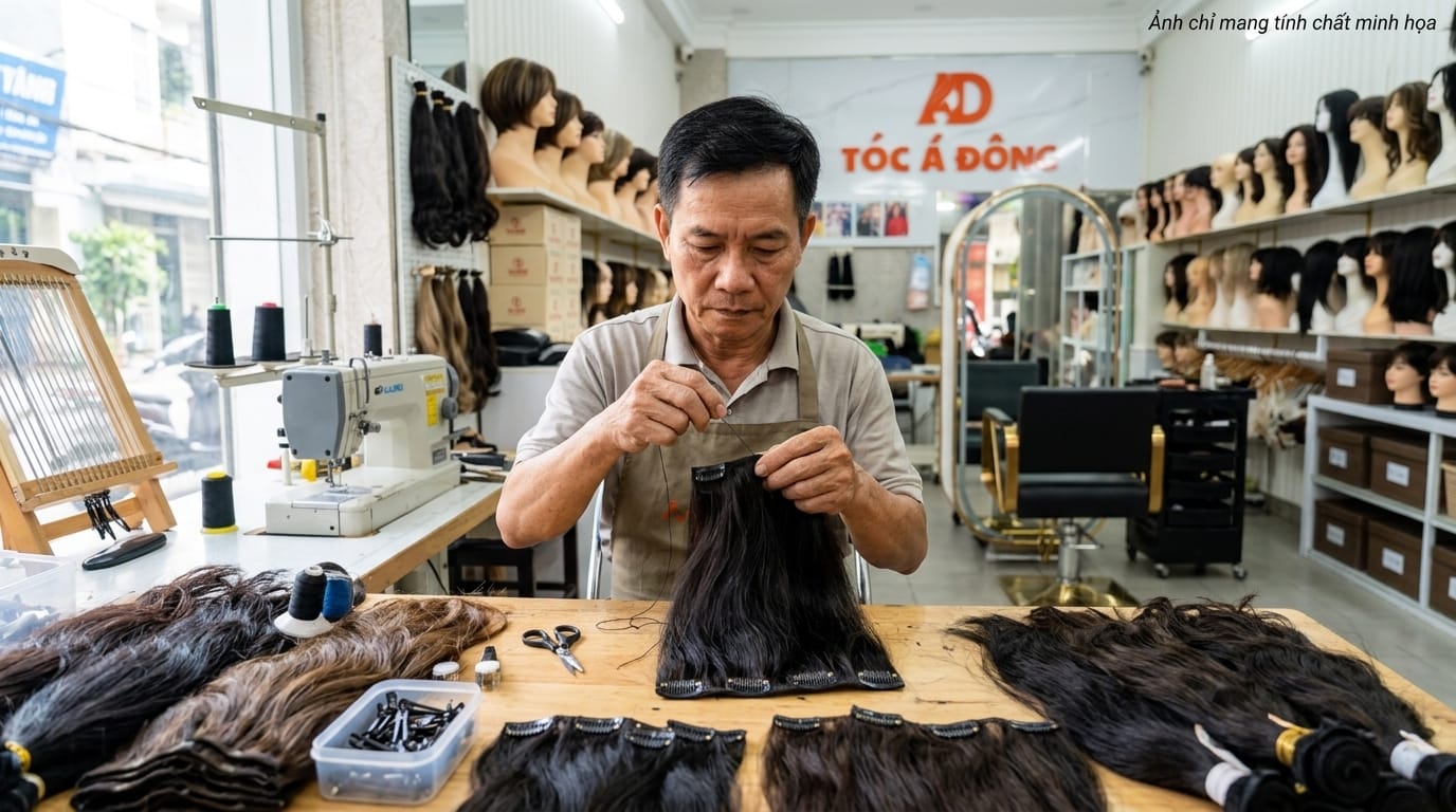 Nghệ nhân xưởng Tóc Á Đông tỉ mỉ may dệt từng dải tóc kẹp phím bằng 100% tóc thật nguyên bản