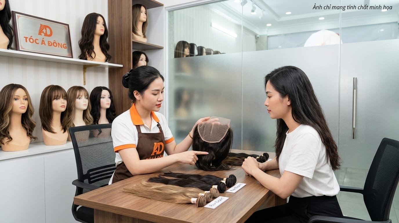 Chuyên viên Tóc Á Đông tư vấn màng ren Thụy Sĩ và giới thiệu các lọn tóc thật nguyên bản chuẩn xuất khẩu
