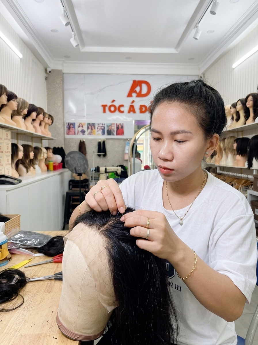 Dệt tay màng ren Swiss Lace tại xưởng Tóc Á Đông