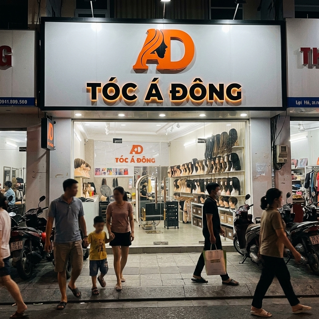 Không gian cửa hàng Tóc Á Đông với khách hàng đang thử tóc