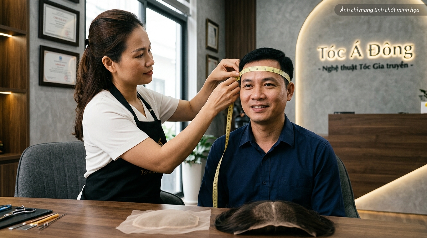 Chuyên viên Tóc Á Đông đo đạc kỹ thuật diện tích màng hói chữ M cho khách hàng nam
