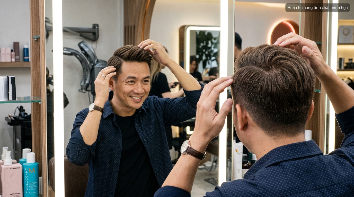 Khách hàng nam tạo kiểu vuốt sáp Side Part lịch lãm với tóc giả nam che hói Tóc Á Đông