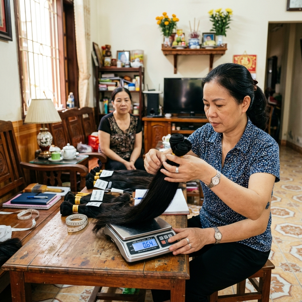 Nhân viên thu mua đang cân tóc trên cân điện tử tại nhà khách