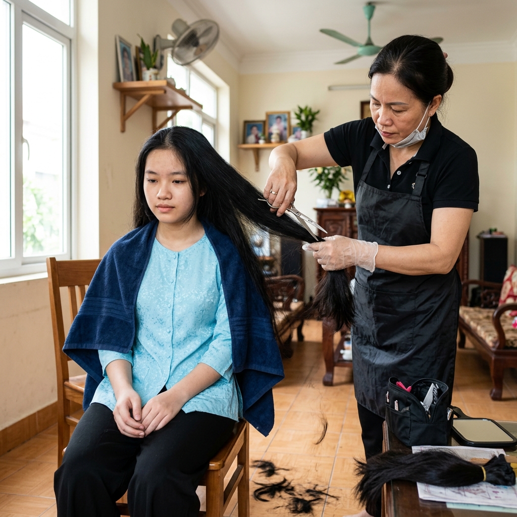 Thợ tóc chuyên nghiệp cắt tóc tại nhà cho khách hàng