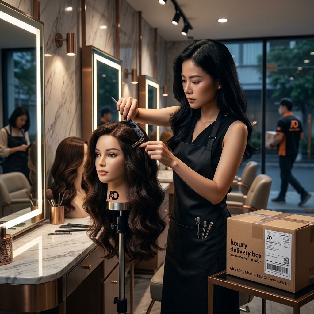 Chuyên gia Tóc Á Đông đang thiết kế tóc giả thật trước khi giao hỏa tốc