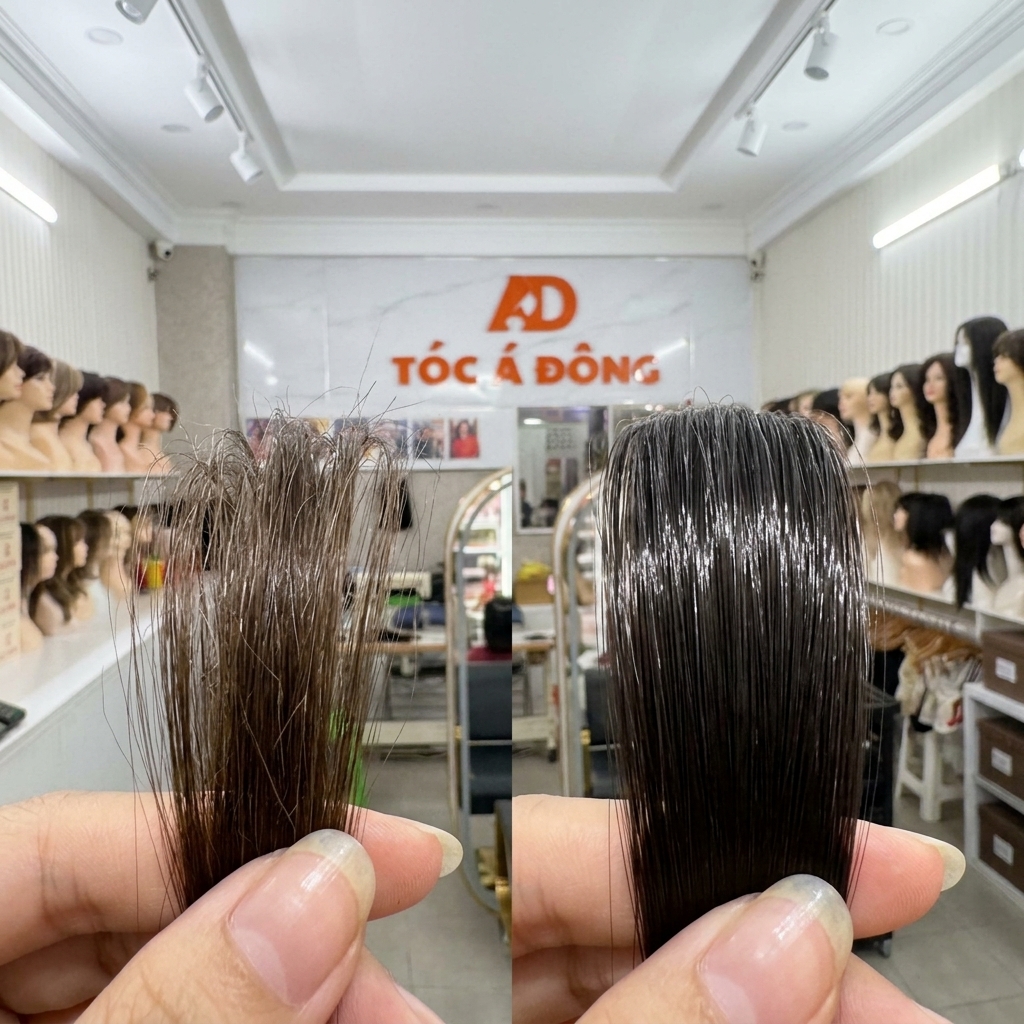 So sánh cận cảnh sợi tóc thật và sợi tơ nilon dưới kính lúp