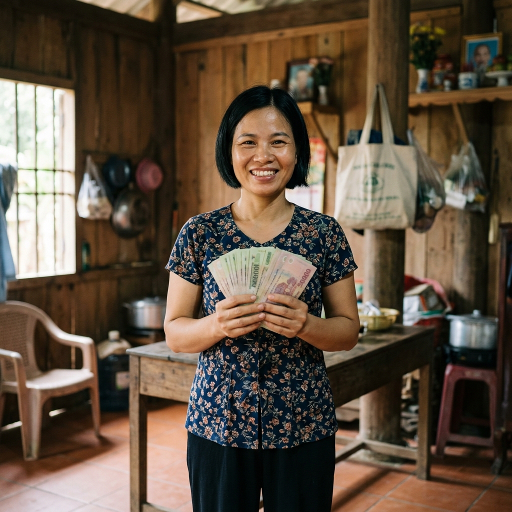 Khách hàng tươi cười nhận số tiền xứng đáng sau khi hoàn thành giao dịch bán tóc