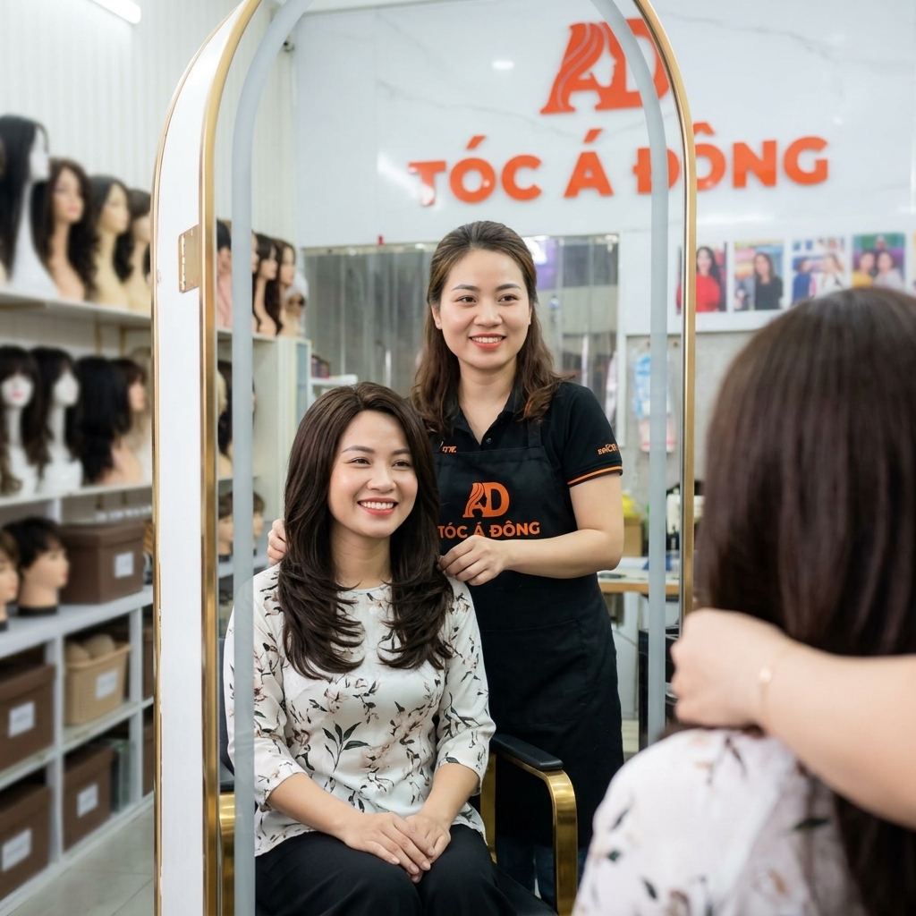 Chị khách hàng tự tin đội tóc giả cao cấp trước gương
