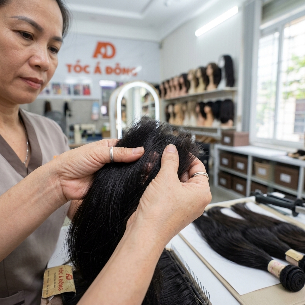 Thợ tóc đang thẩm định chất tóc nguyên thủy