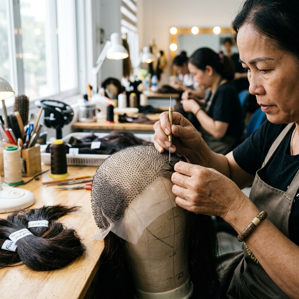 Thợ gia công lành nghề đang dệt cấy tóc thật tỉ mỉ lên màng siêu da đầu
