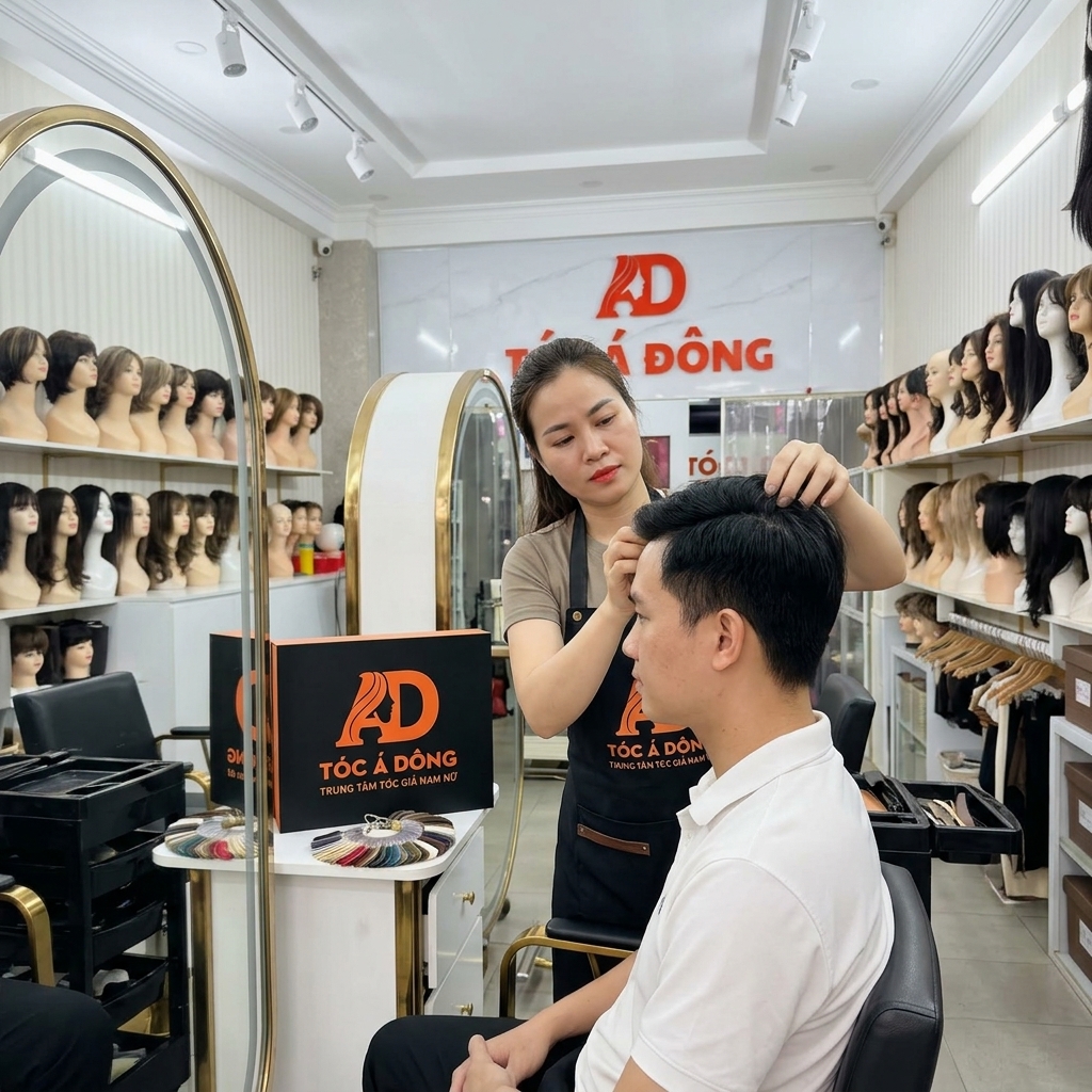 Chuyên gia tỉ mỉ điều chỉnh và tạo kiểu tóc giả nam giới tại salon Tóc Á Đông