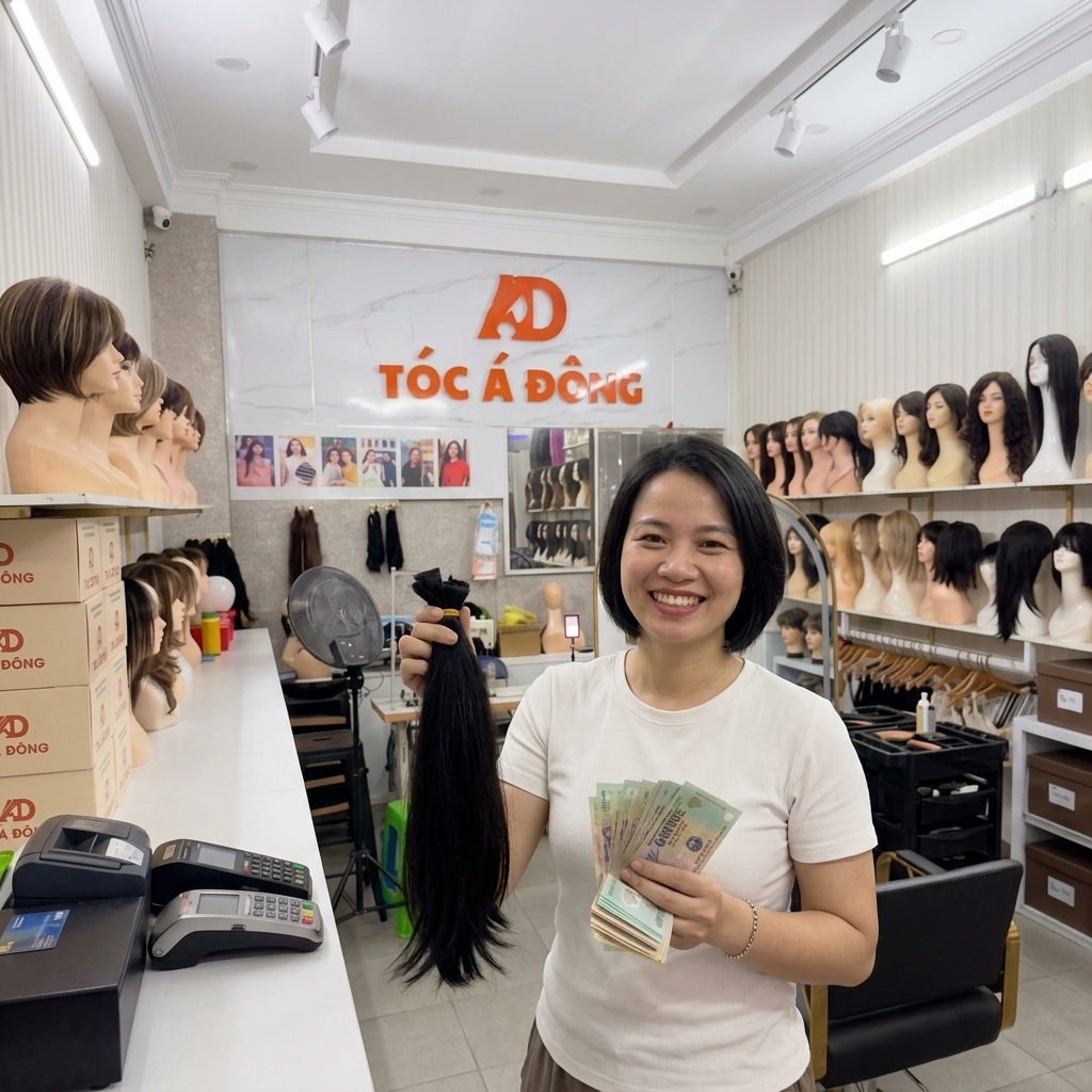 Khách hàng nữ cười tươi vui vẻ nhận tiền mặt thanh toán sau khi hoàn tất việc bán tóc