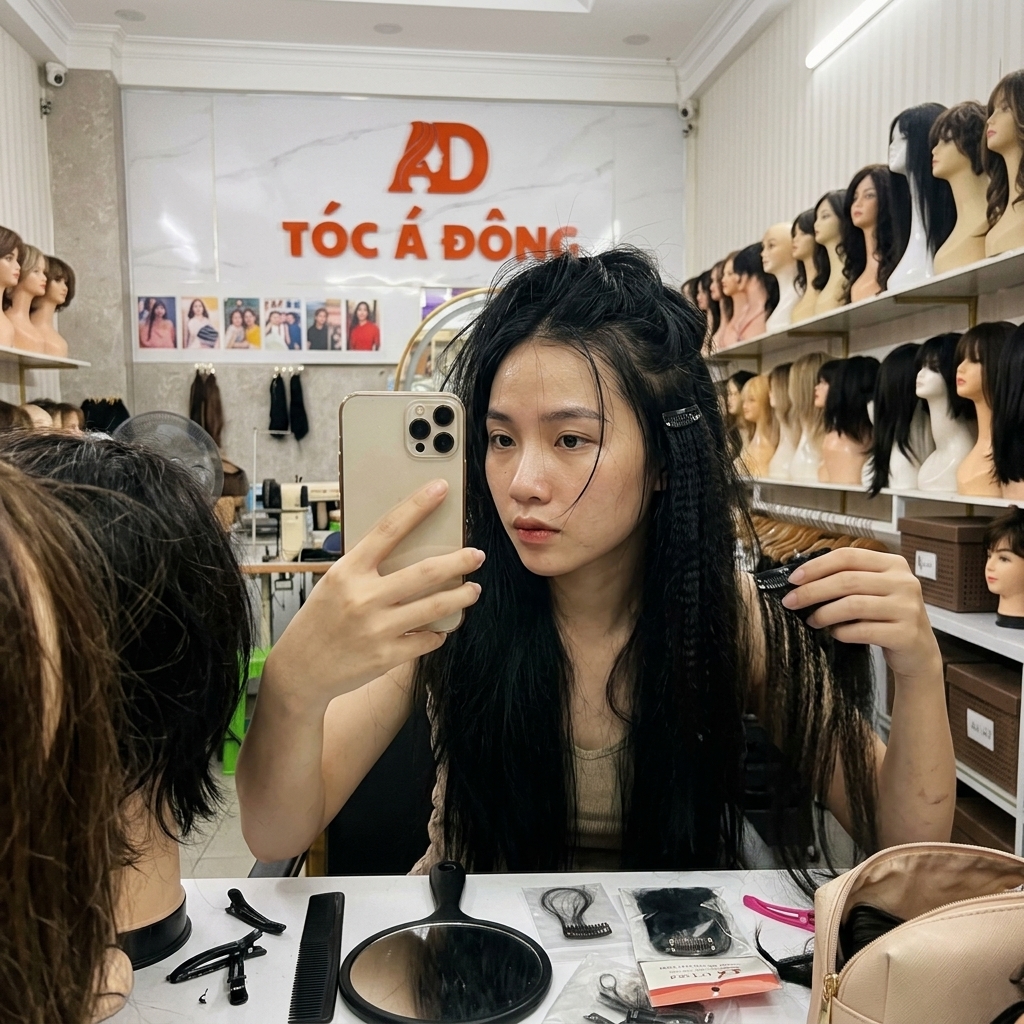 Cô gái Việt Nam sử dụng tóc giả kẹp phím