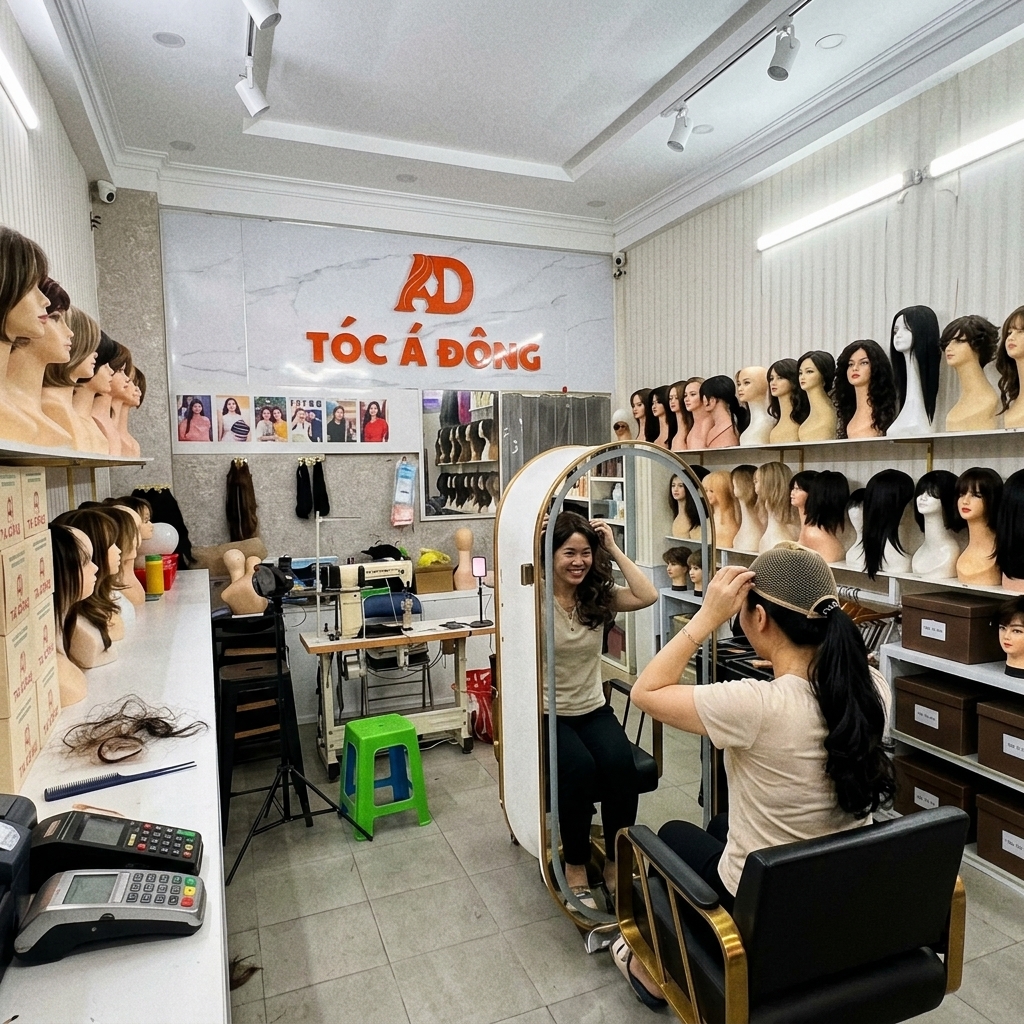 Khách hàng thử tóc giả thật tại Tóc Á Đông