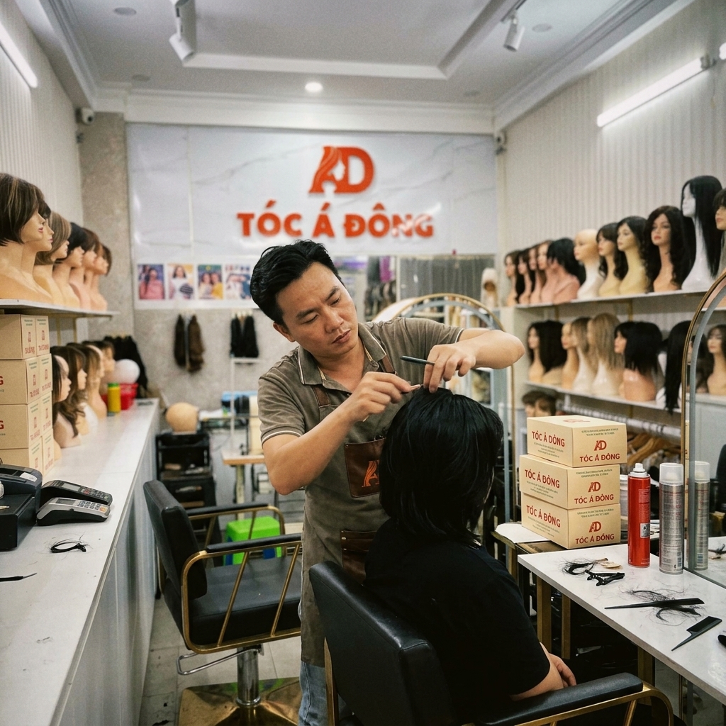 Stylist Tóc Á Đông đang thiết kế và tạo kiểu tóc giả