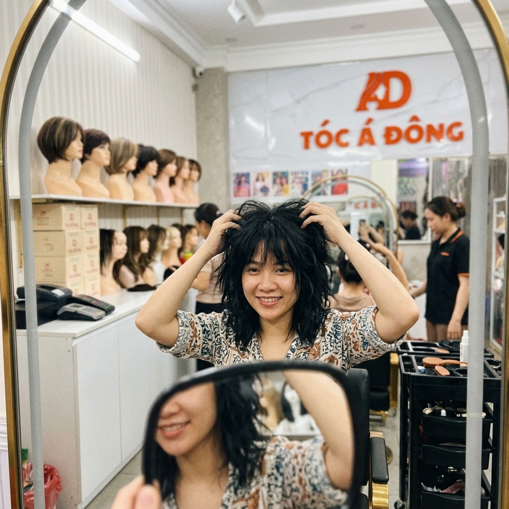 Trải nghiệm thử tóc thực tế tại cửa hàng tóc giả nữ làm bằng tóc thật hà nội uy tín
