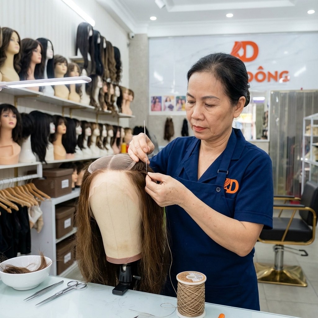 Chuyên gia Tóc Á Đông đang dệt móc thủ công tại xưởng gia công tóc thật theo yêu cầu