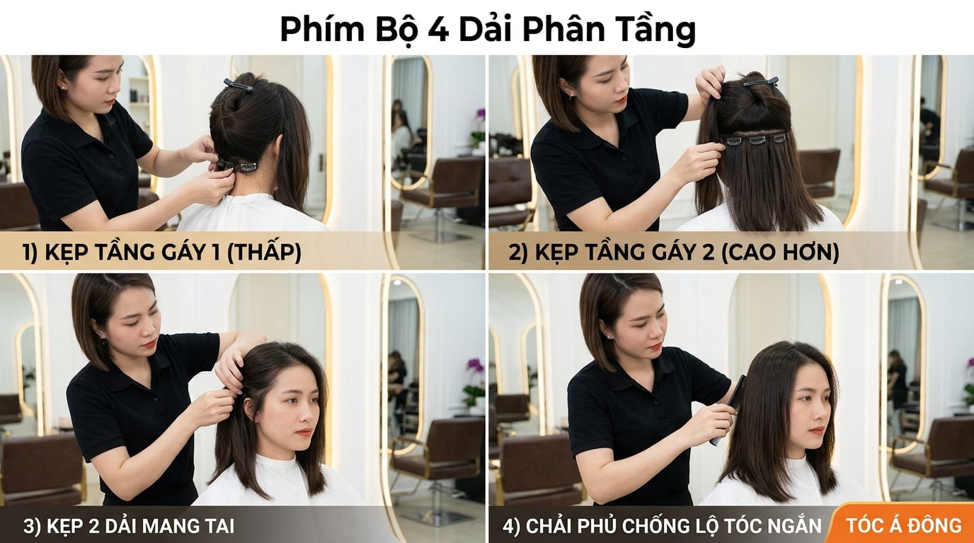 Tóc Phím Kẹp Nữ 4 Dải (Phân Tầng Kép Chống Lộ Tóc - 100% Tóc Thật Loại 1)