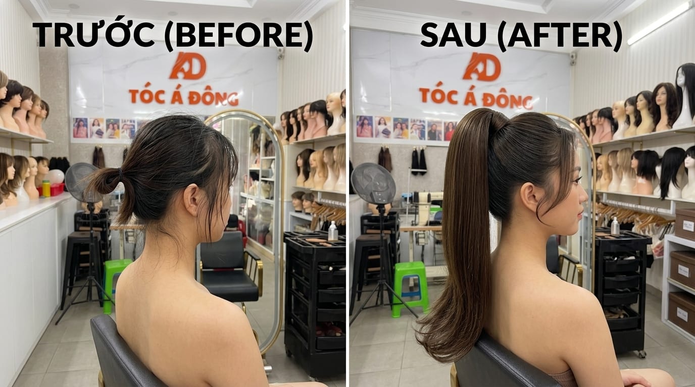 Tóc Cột Đuôi Ngựa (Dán Velcro Tàng Hình - 100% Tóc Thật Loại 1)