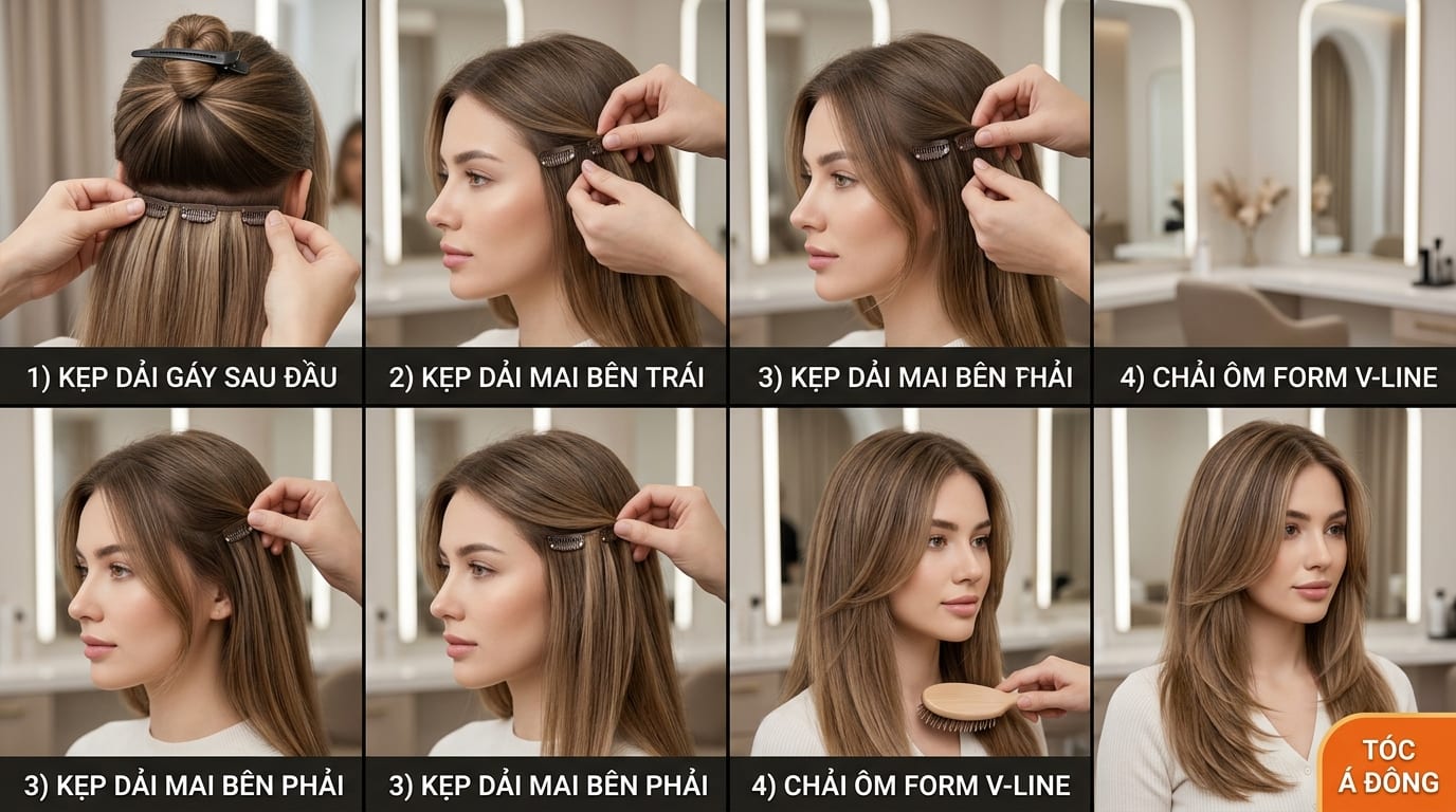 Tóc Phím Kẹp Nữ 3 Dải (1 Gáy + 2 Mai Ôm V-Line - 100% Tóc Thật Loại 1)