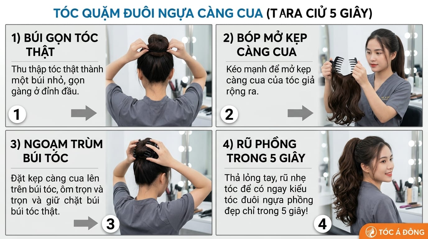 Tóc Quặm Đuôi Ngựa (Kẹp Càng Cua Biến Hóa 5s - 100% Tóc Thật Loại 1)